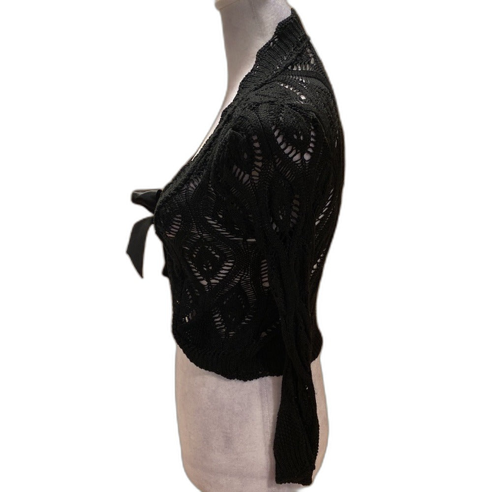 Le Chat Paris black open knit cardigan with satin bow - view 4