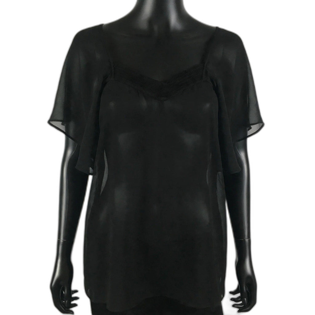 Natasha Gan black sheer flutter top neckline on black mannequin