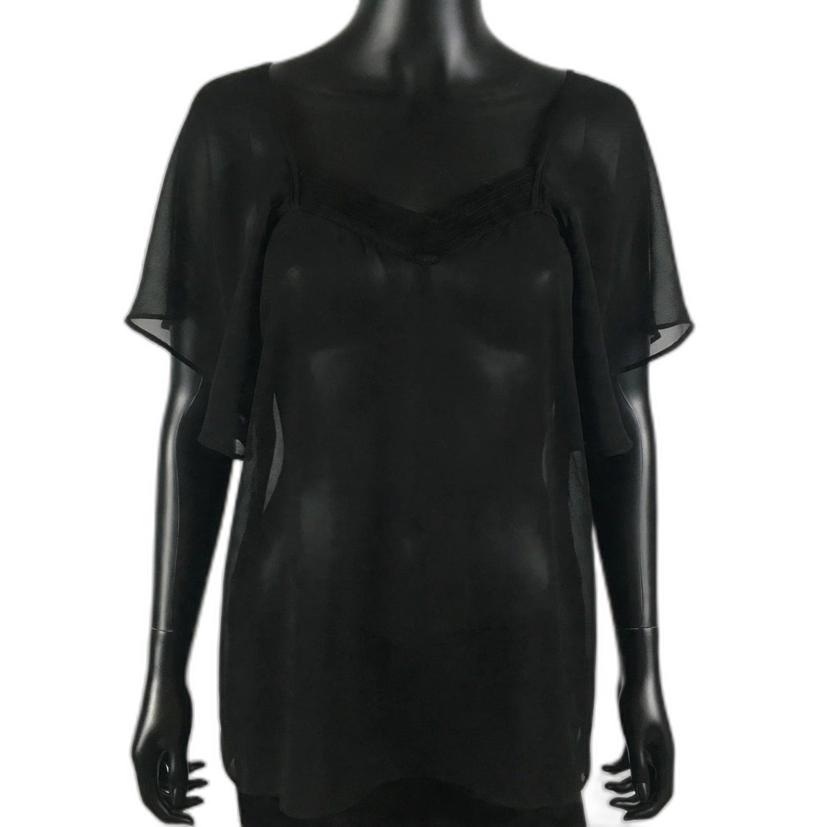 Natasha Gan black sheer flutter top neckline on black mannequin