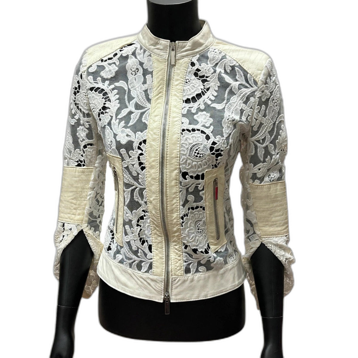 Italian Leather Lace Zip Cropped Jacket - Size 4-6