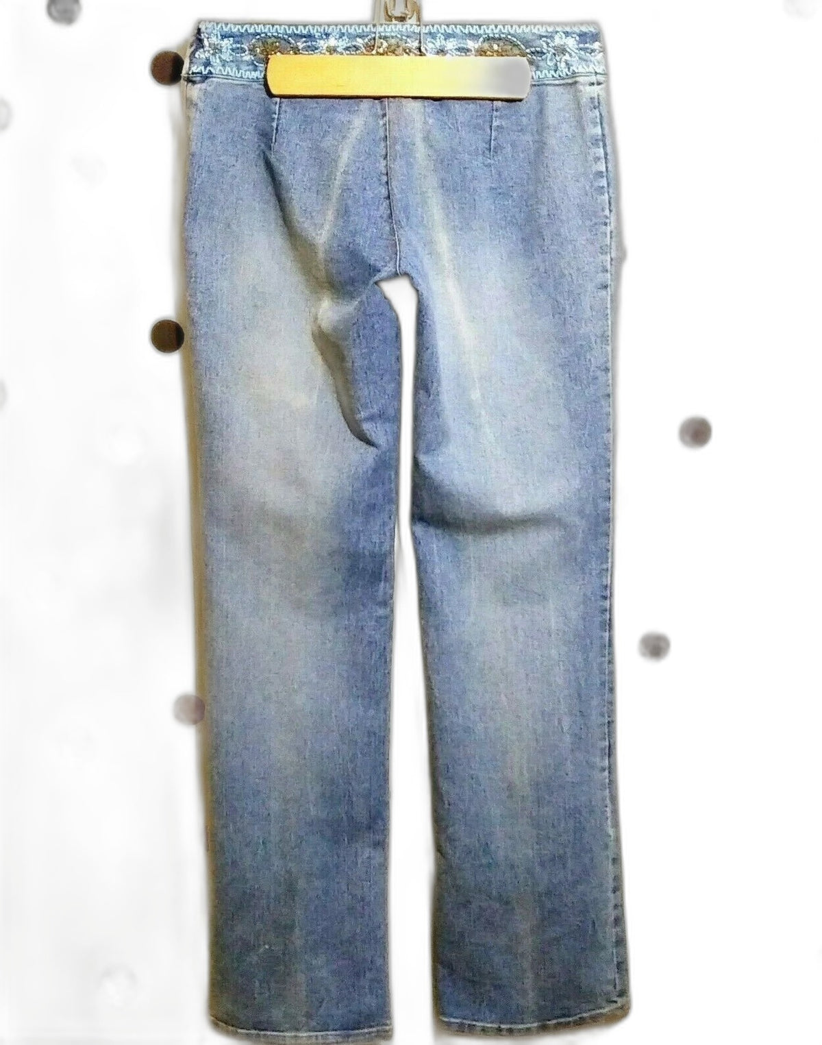 Vera Cristina vintage beaded waistband straight leg jeans in faded medium wash - back, full length