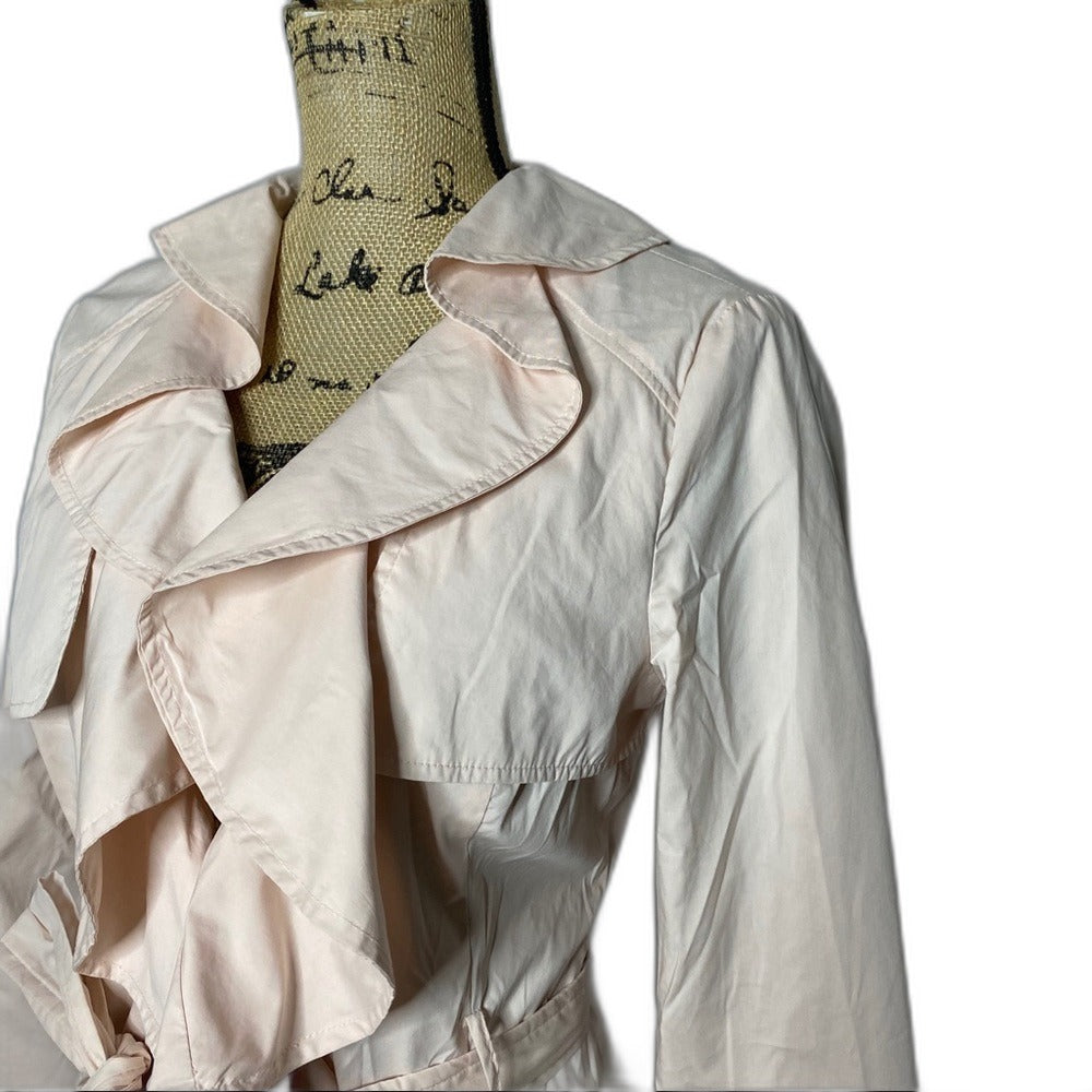 bebe pink ruffle belted duster jacket - collar detail