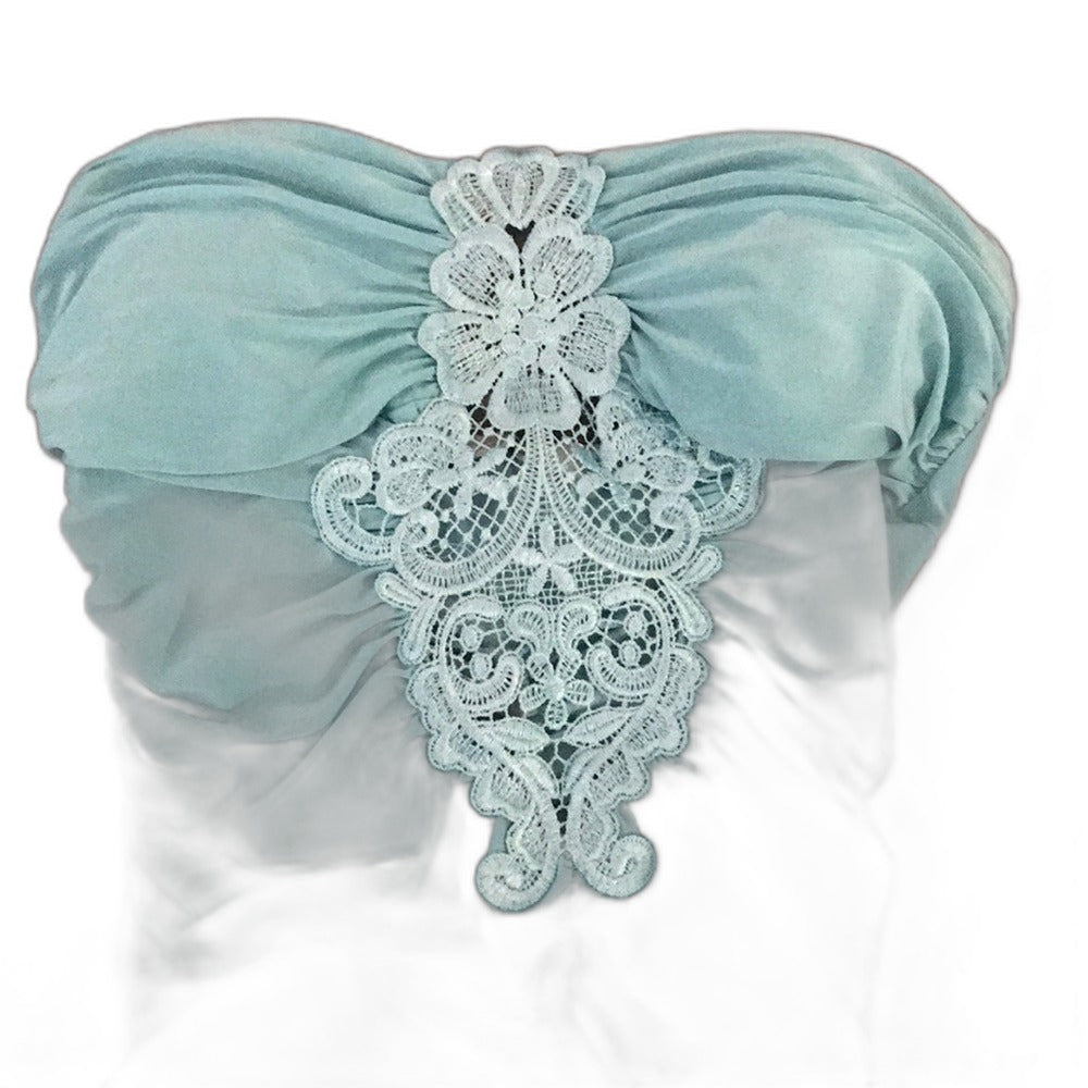 Charlotte Russe teal strapless ruched top with lace applique - view 4