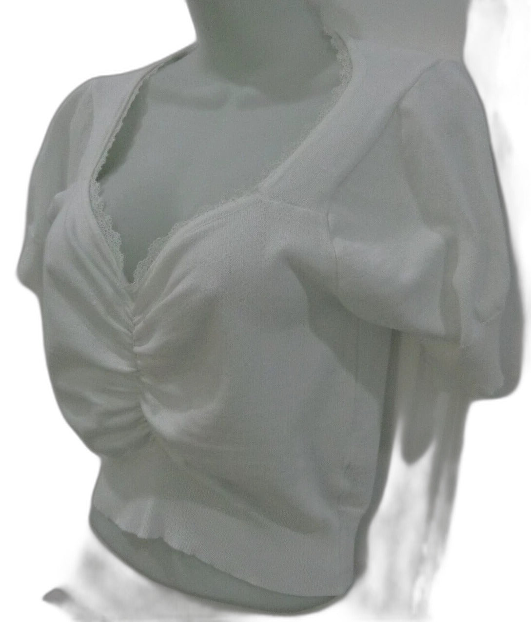 SheIn white knit crop top with lace trim and ruched front - view 4