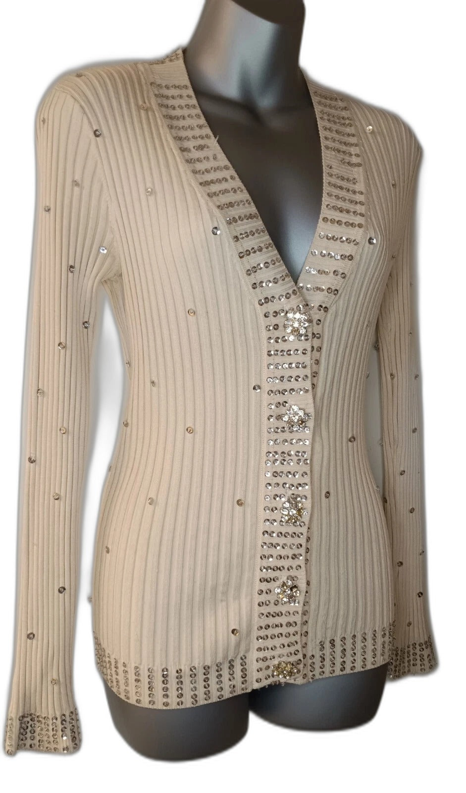 WR 9000 cream cardigan sweater with rhinestone buttons and sequins, size M - view 5