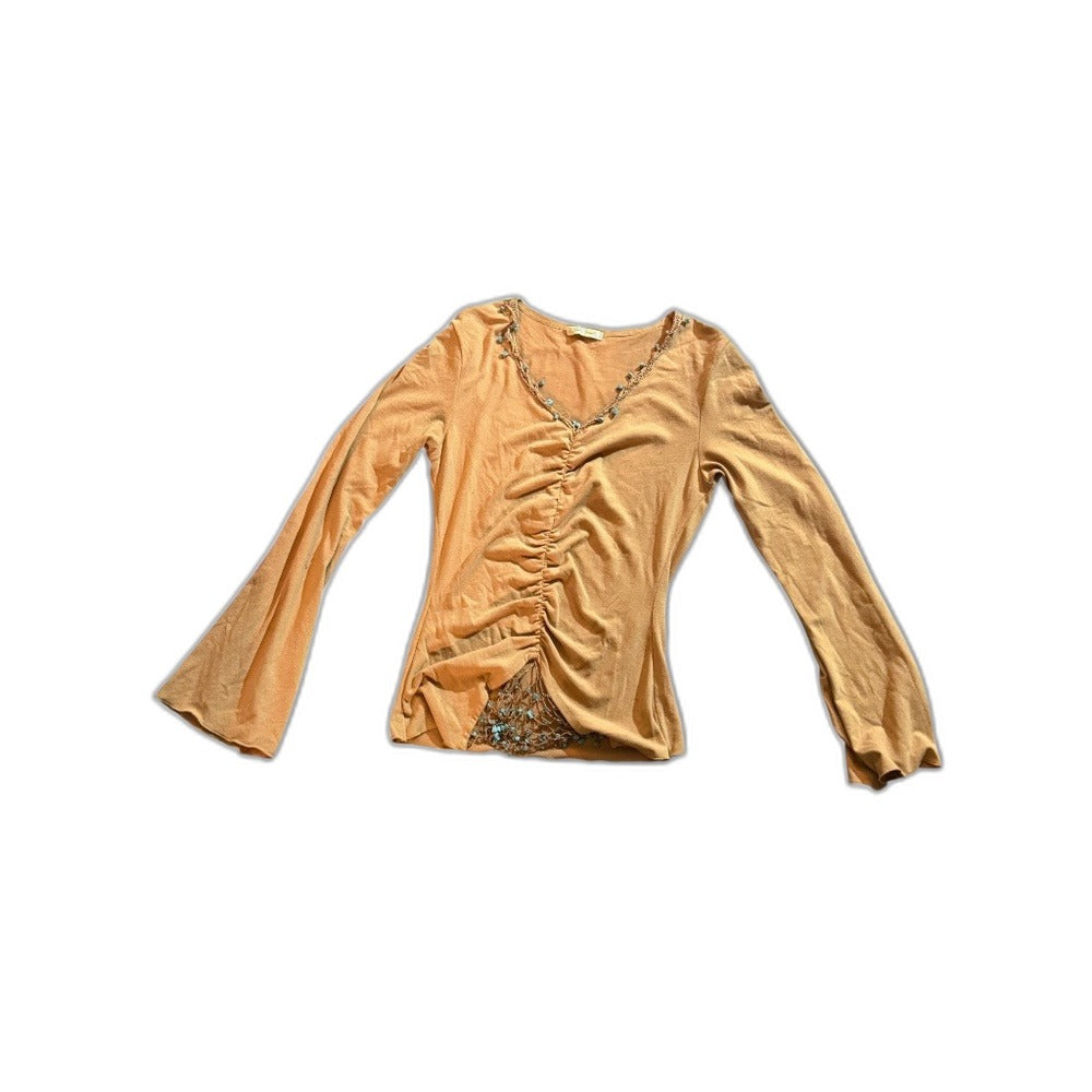 Sans Souci ruched tan top - styled front view