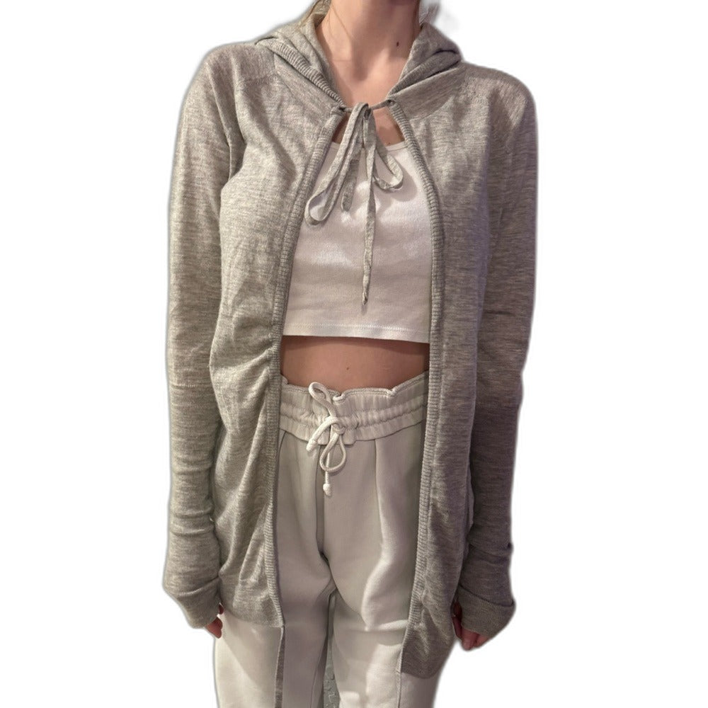 Thomas Wylde cashmere hooded sweater worn with hood up - front
