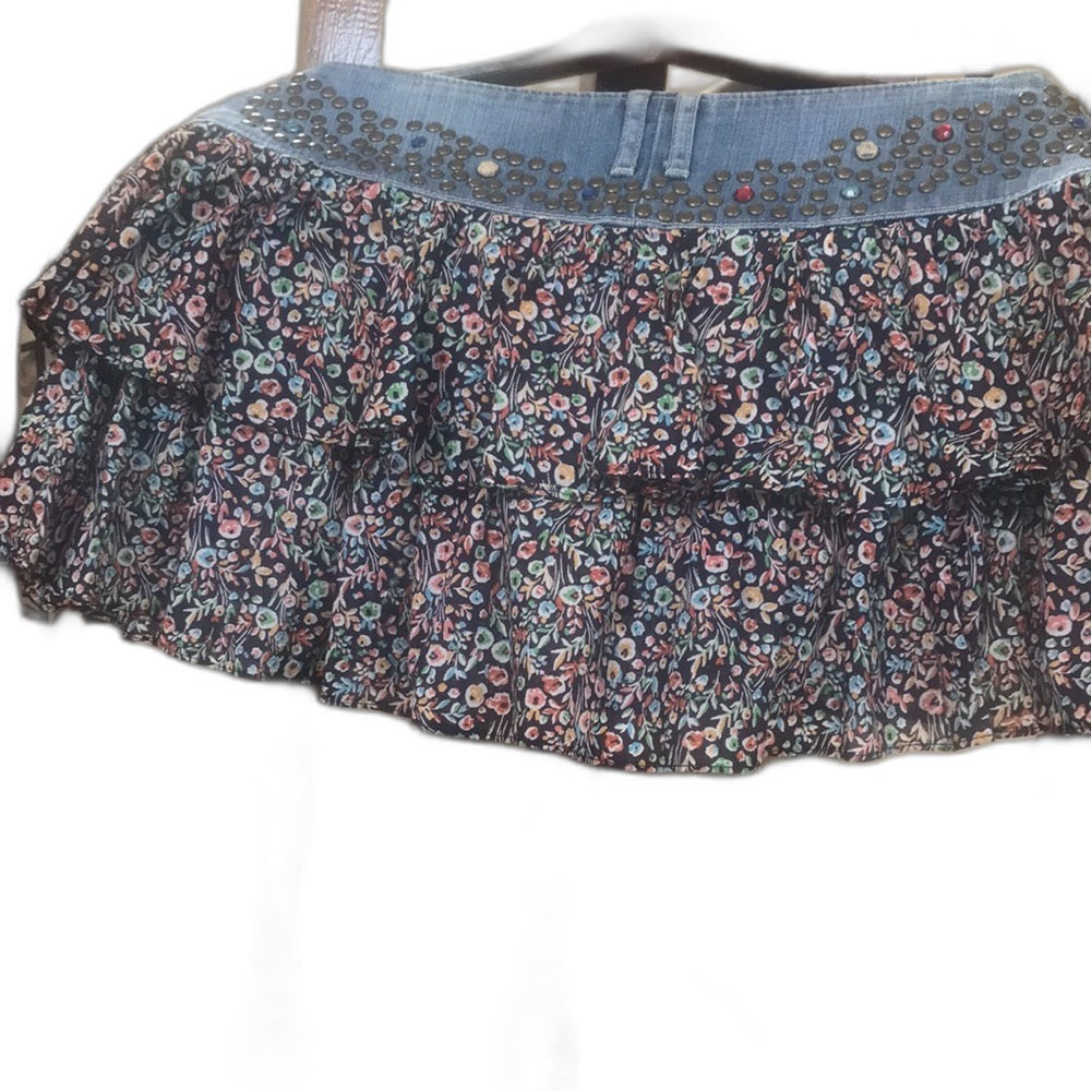 Express ruffle miniskirt in navy floral with denim yoke - back