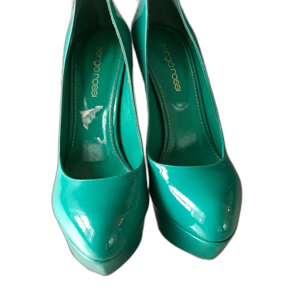 Sergio Rossi turquoise patent leather platform pumps - view 5