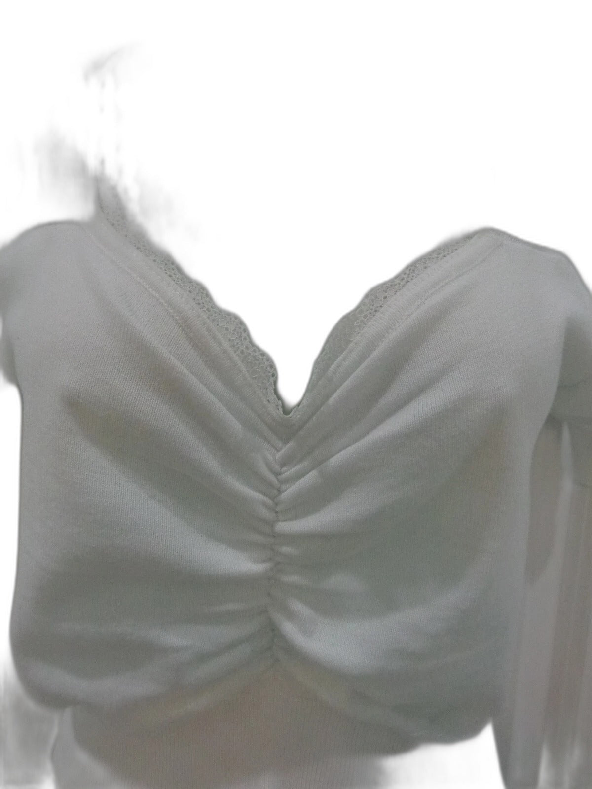 SheIn white knit crop top with lace trim and ruched front - view 5
