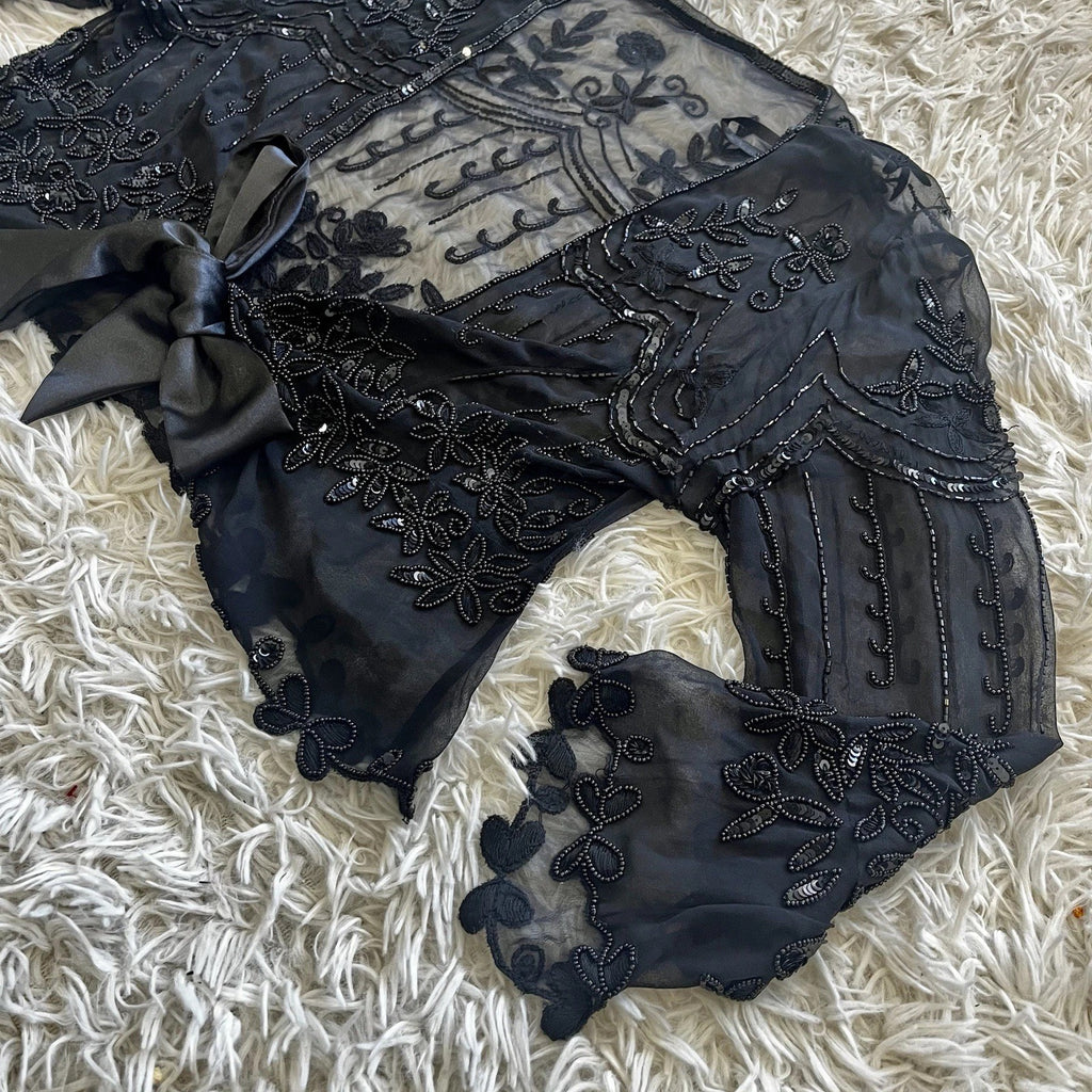 Vintage Y2K beaded sheer embroidered shrug top - angled detail
