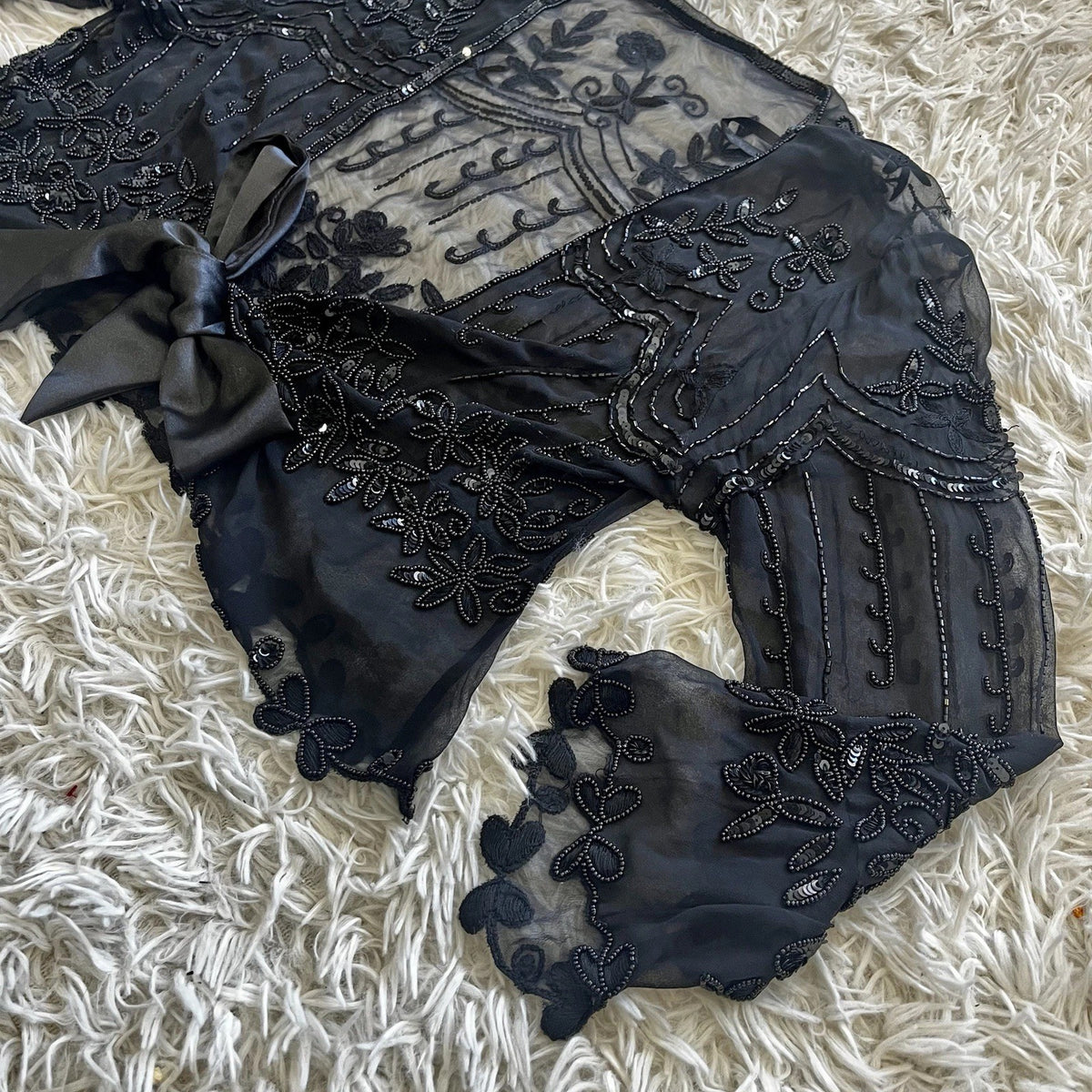 Vintage Y2K beaded sheer embroidered shrug top - angled detail