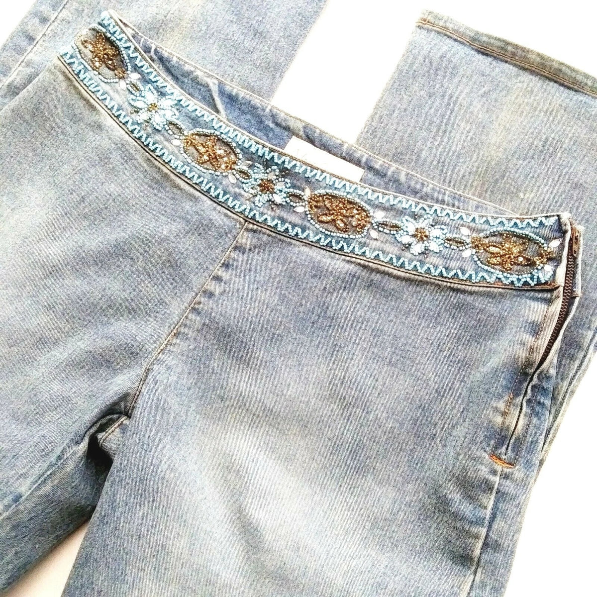 Vera Cristina vintage beaded waistband straight leg jeans in faded medium wash - beaded waistband and side zip detail