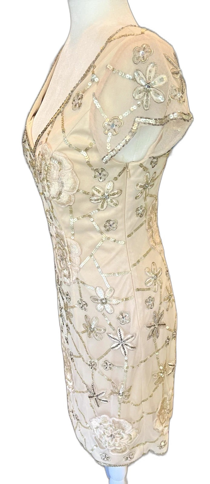 Sue Wong beige silver beaded lace sheath cocktail dress - view 5