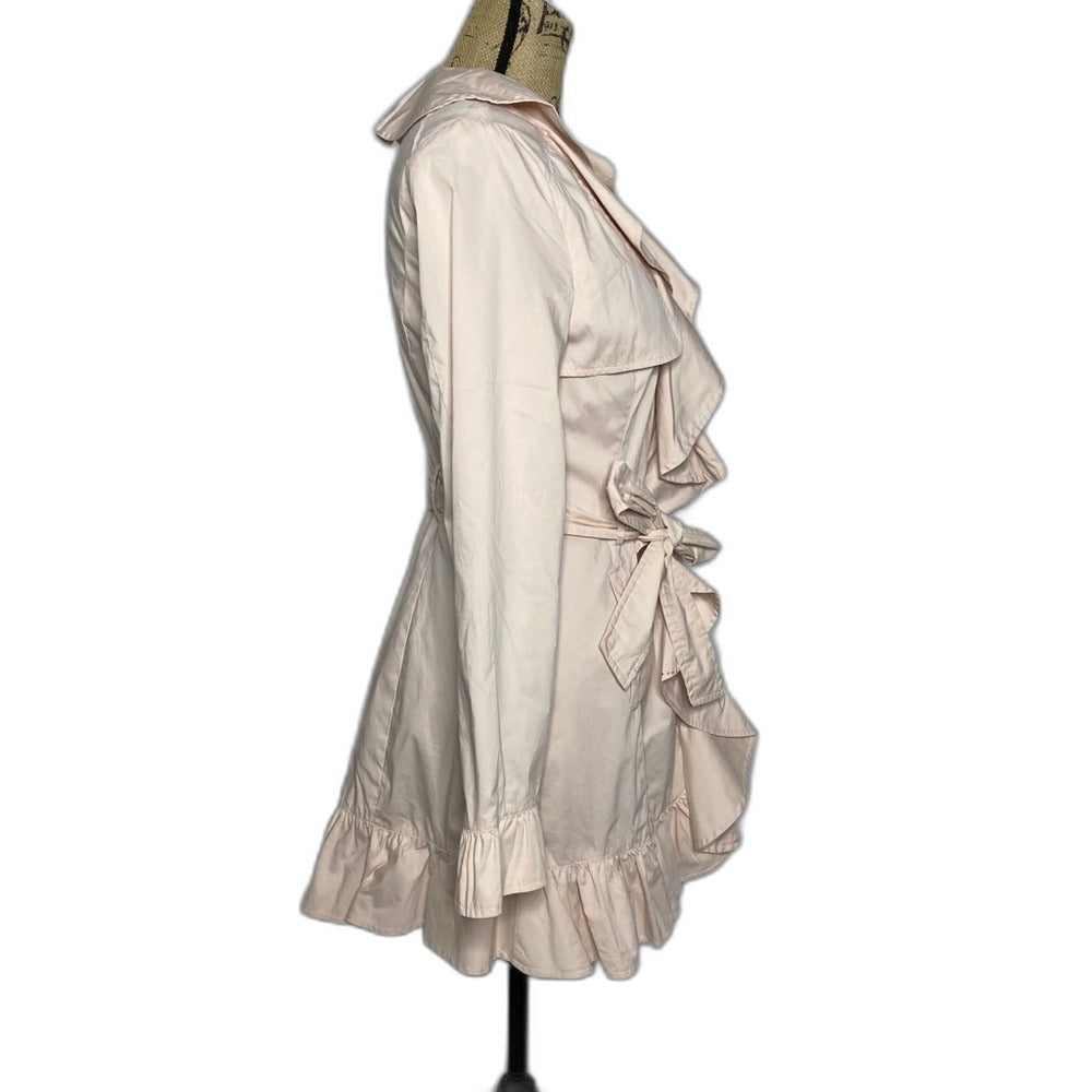 bebe pink ruffle belted duster jacket - side view