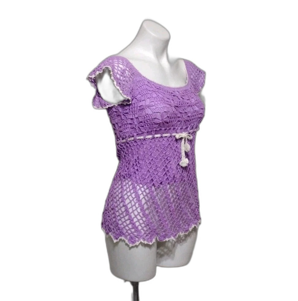 Lavender crochet cap sleeve summer top - three-quarter view