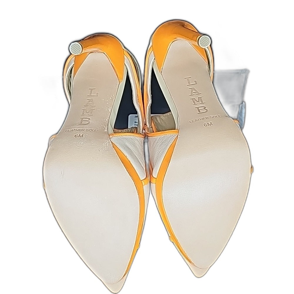 L.A.M.B. by Gwen Stefani Janetta cream leather lace-up pumps with orange trim - view 5