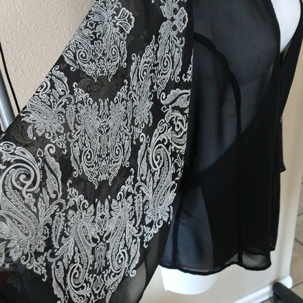 New York & Company black sheer kimono blouse with white detailing - view 6