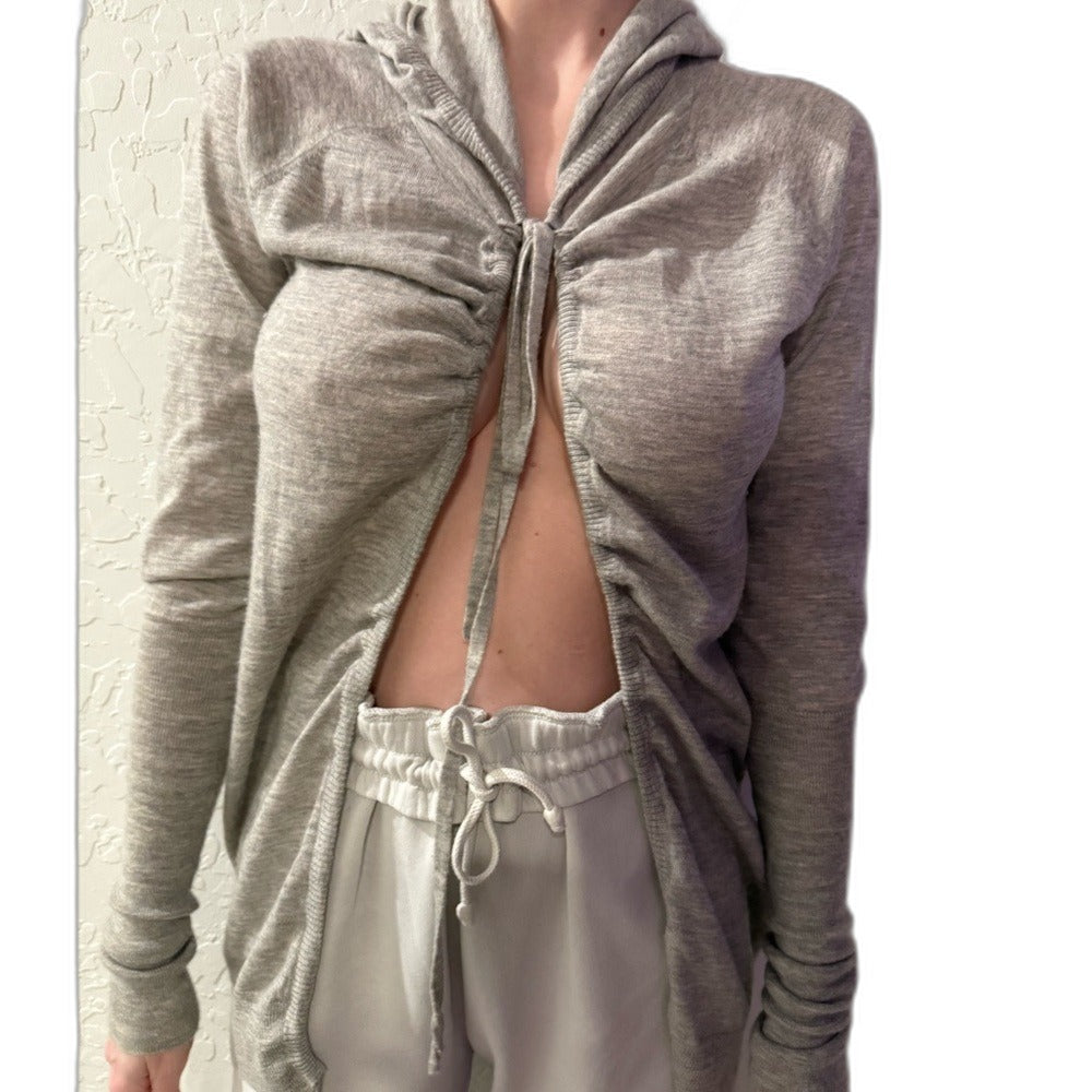 Thomas Wylde cashmere sweater worn with ruched front tied - close view