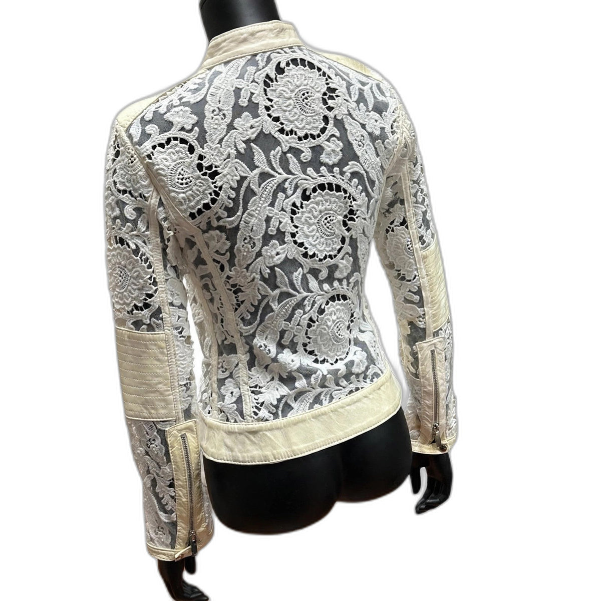 Italian Leather Lace Zip Cropped Jacket - Size 4-6
