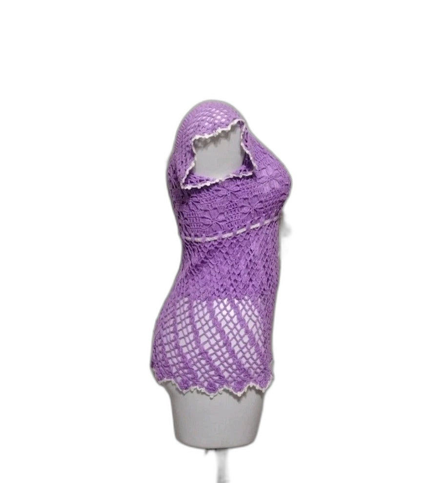 Lavender crochet cap sleeve summer top - side view