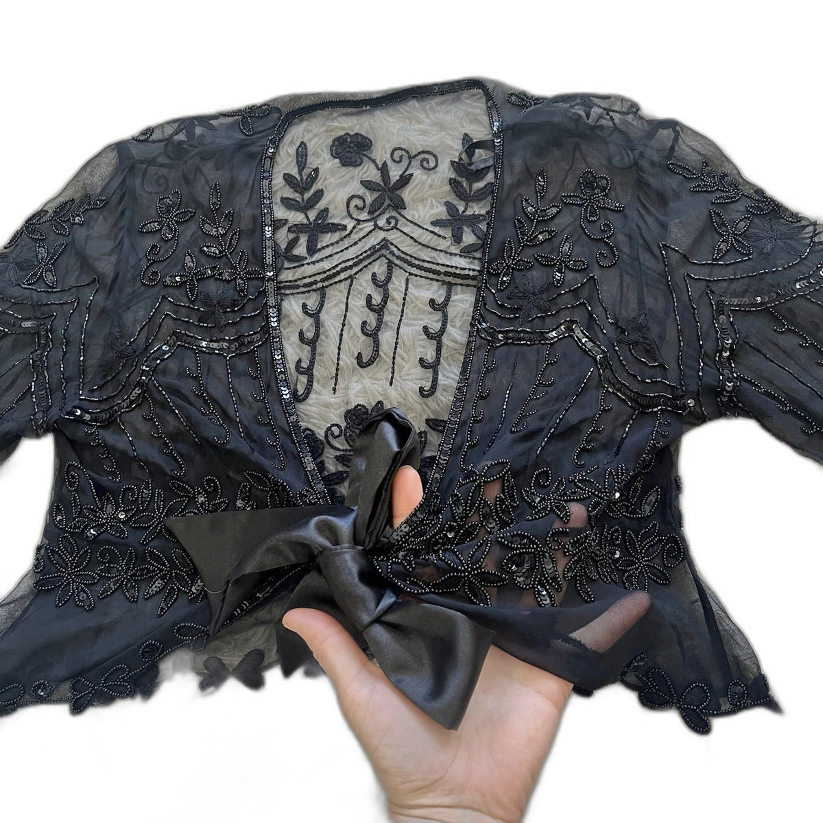 Vintage Y2K beaded sheer embroidered shrug top - tie front detail