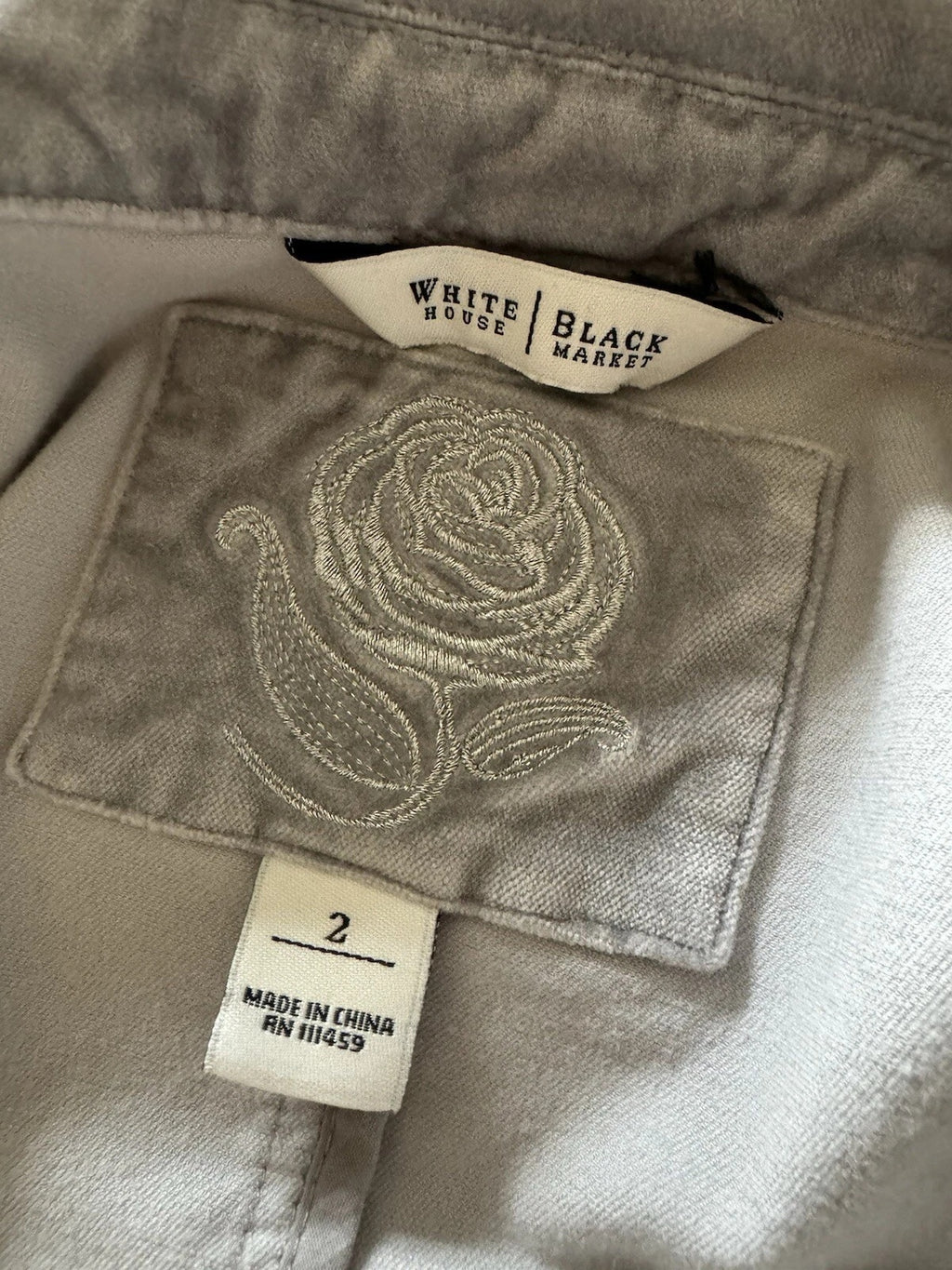 White House Black Market gray velvet tie-belt blazer jacket - embroidered rose and brand label