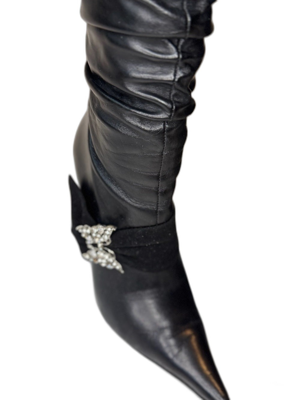 Bianco Bucci black mid-calf heeled boots with crystal bow - view 6