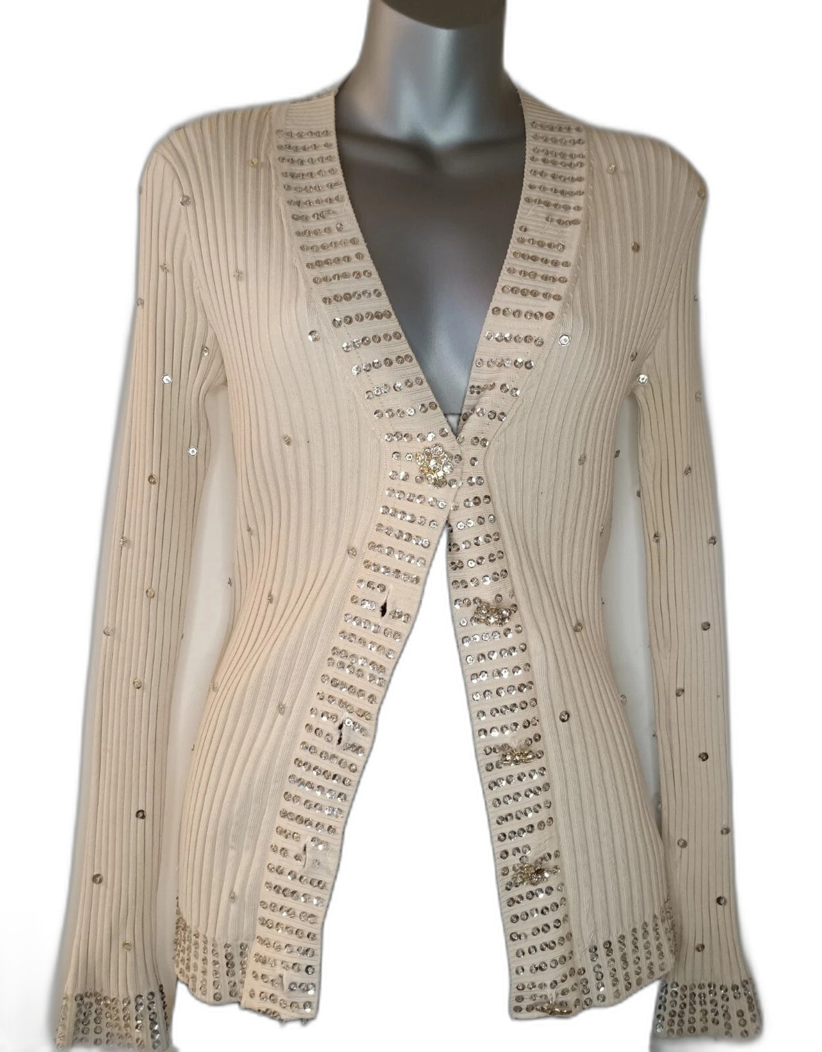 WR 9000 cream cardigan sweater with rhinestone buttons and sequins, size M - view 6