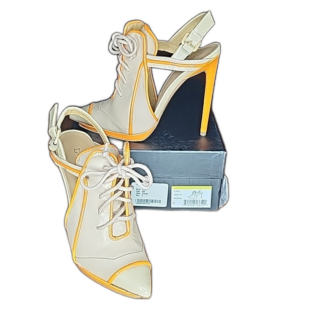 L.A.M.B. by Gwen Stefani Janetta cream leather lace-up pumps with orange trim - view 6