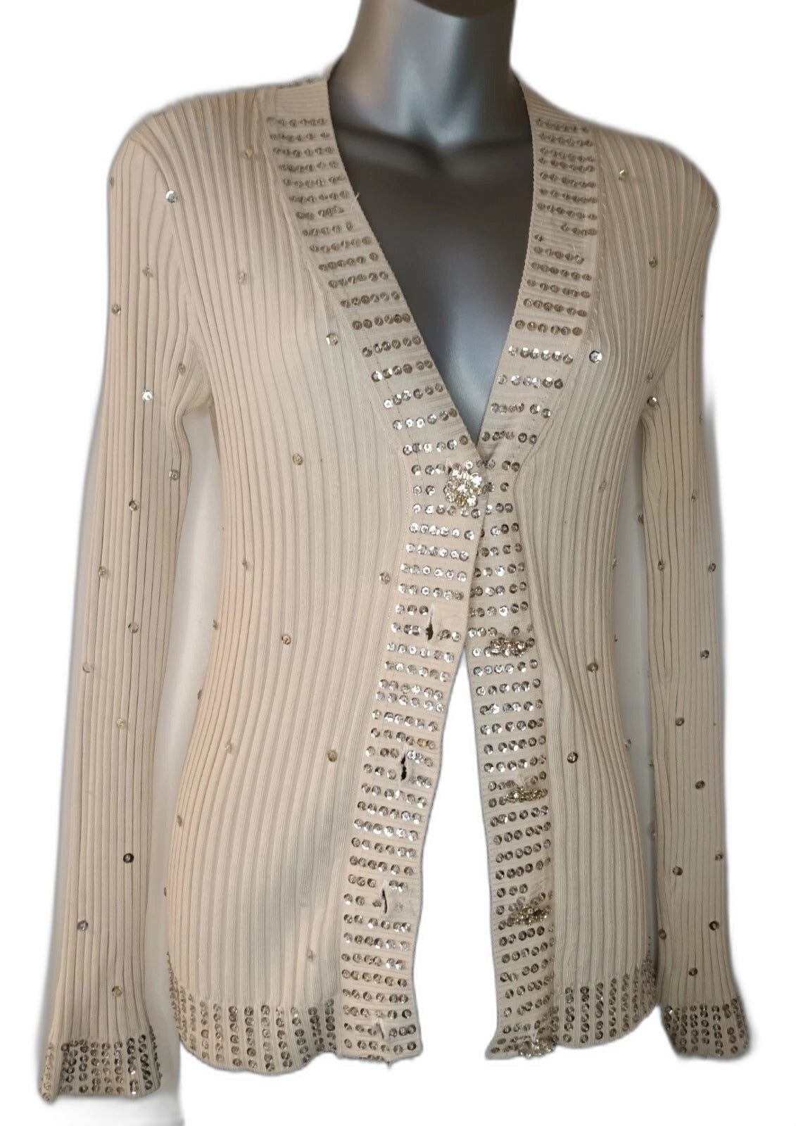 WR 9000 cream cardigan sweater with rhinestone buttons and sequins, size M - view 7