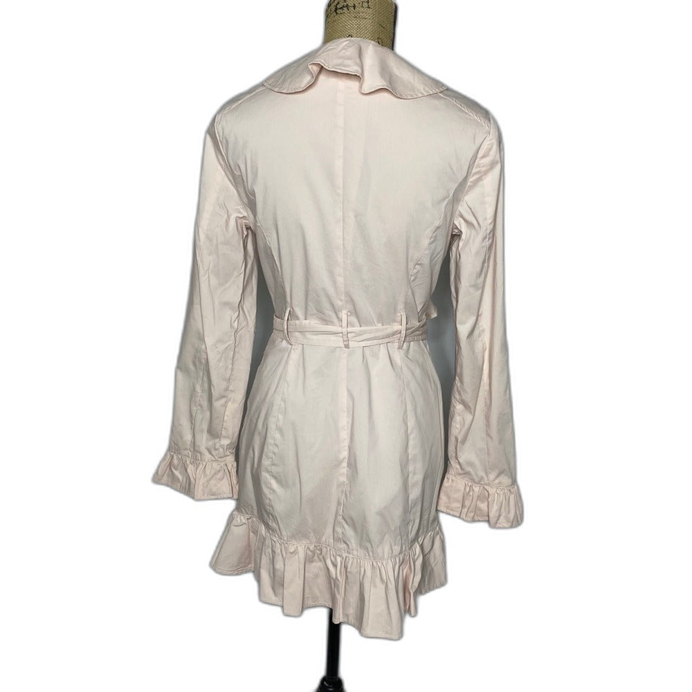 bebe pink ruffle belted duster jacket - back view full length