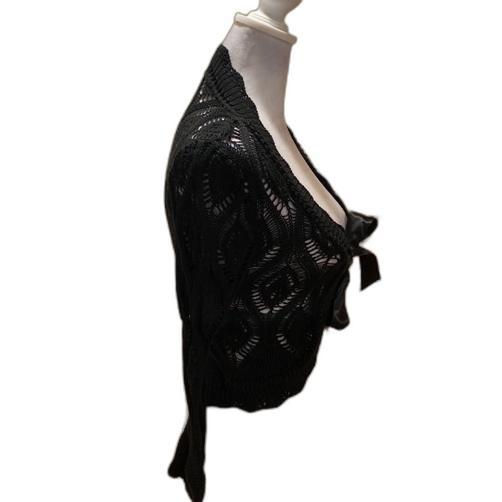 Le Chat Paris black open knit cardigan with satin bow - view 7