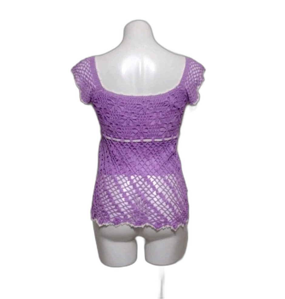Lavender crochet cap sleeve summer top - back view
