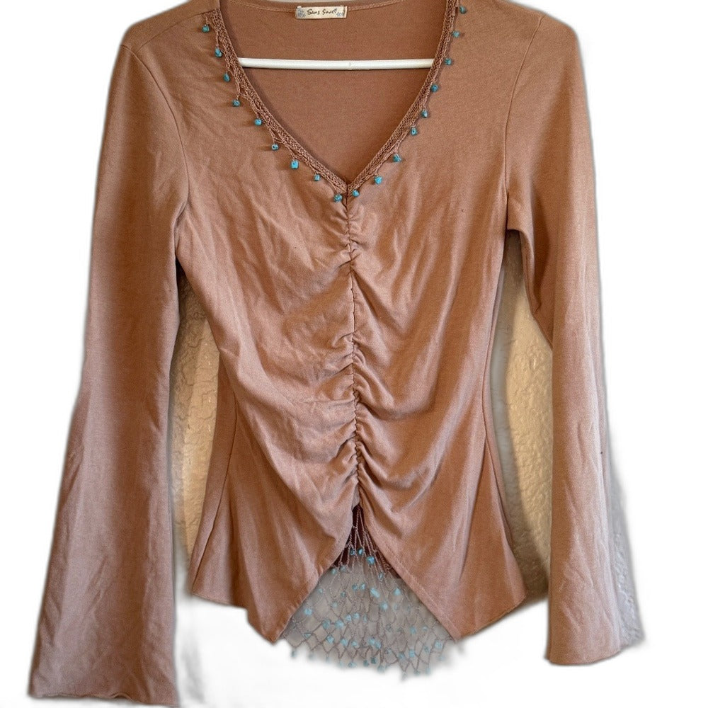 Sans Souci ruched tan top - front close view