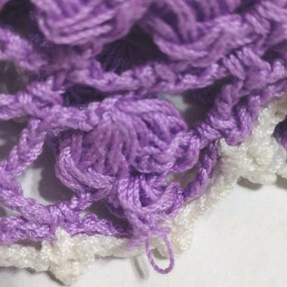 Lavender crochet cap sleeve summer top - crochet close-up showing loose threads