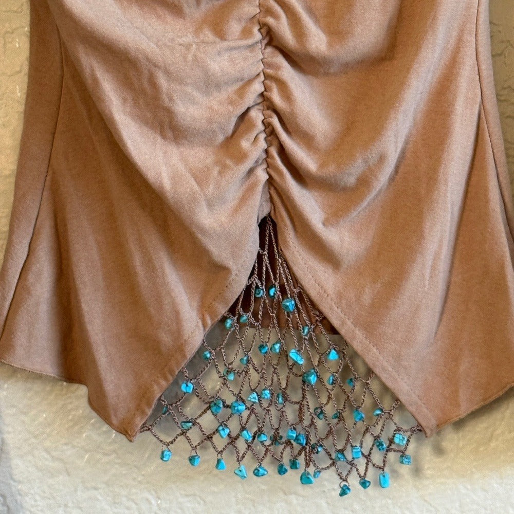 Sans Souci ruched tan top - ruching and beaded net hem detail