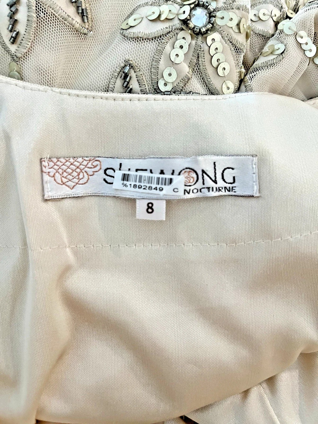 Sue Wong beige silver beaded lace sheath cocktail dress - brand label