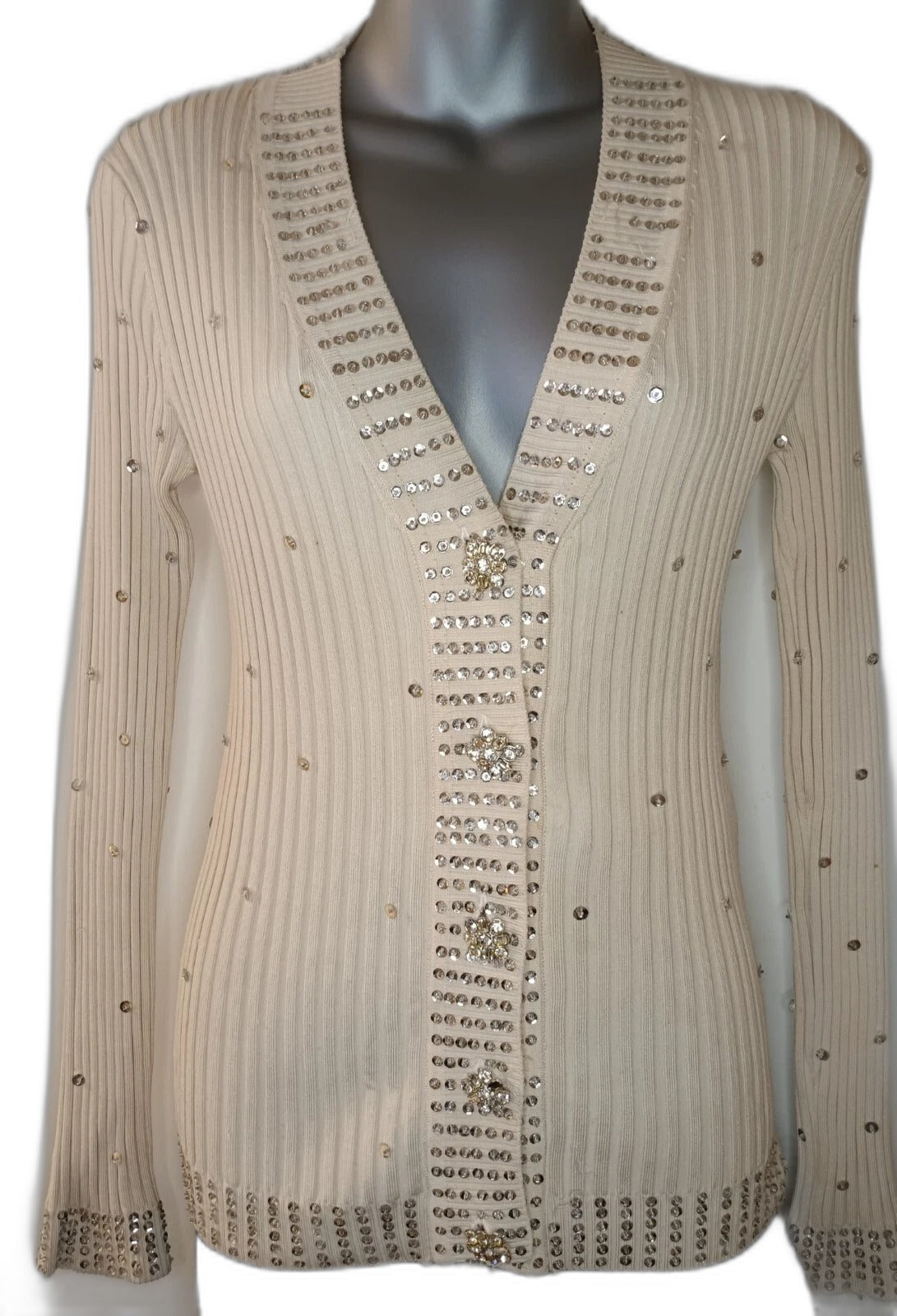WR 9000 cream cardigan sweater with rhinestone buttons and sequins, size M - view 8