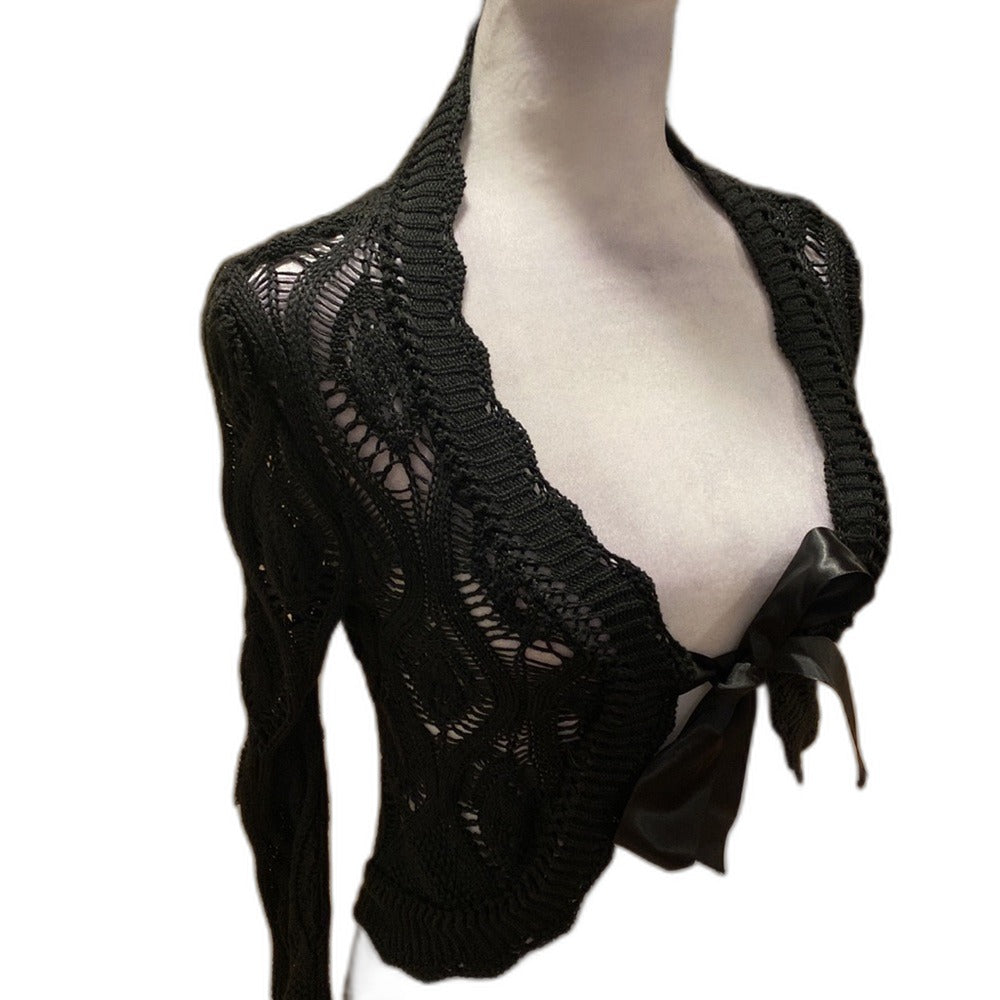 Le Chat Paris black open knit cardigan with satin bow - view 8