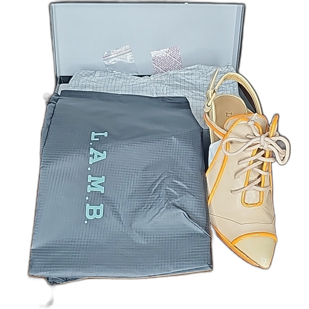 L.A.M.B. by Gwen Stefani Janetta cream leather lace-up pumps with orange trim - view 9