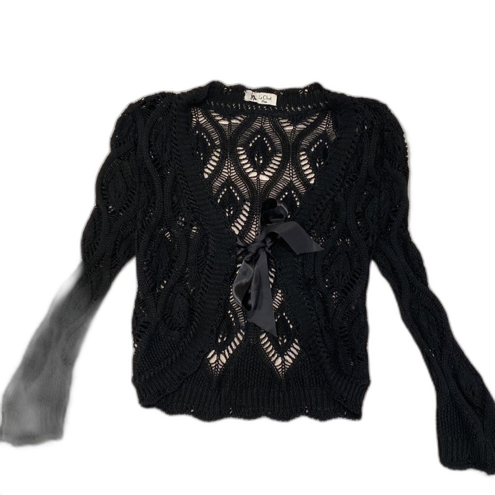 Le Chat Paris black open knit cardigan with satin bow - view 9