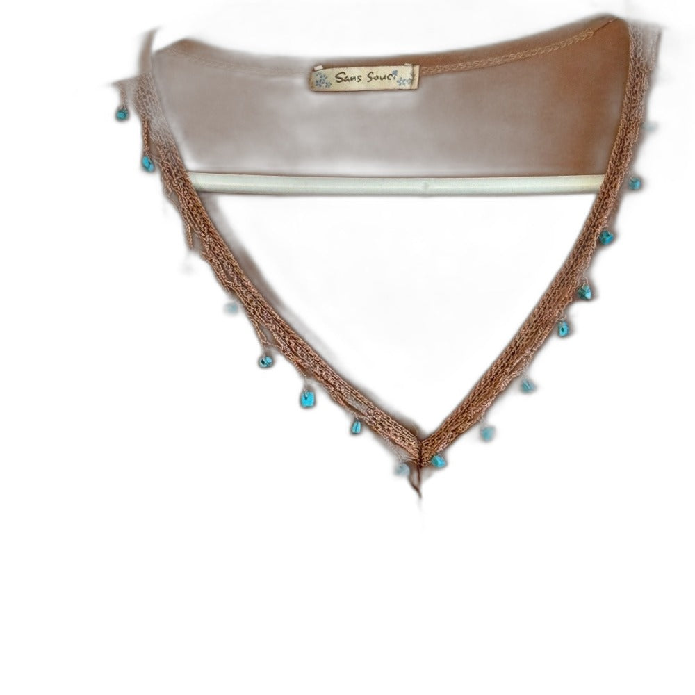Sans Souci ruched tan top - neckline, label and bead detail